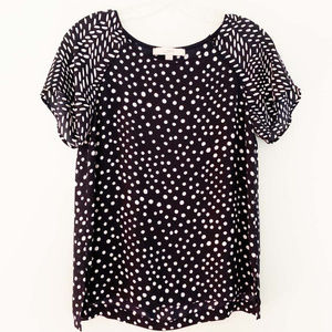 Loft Short Sleeve Navy and White Polka Dot Top